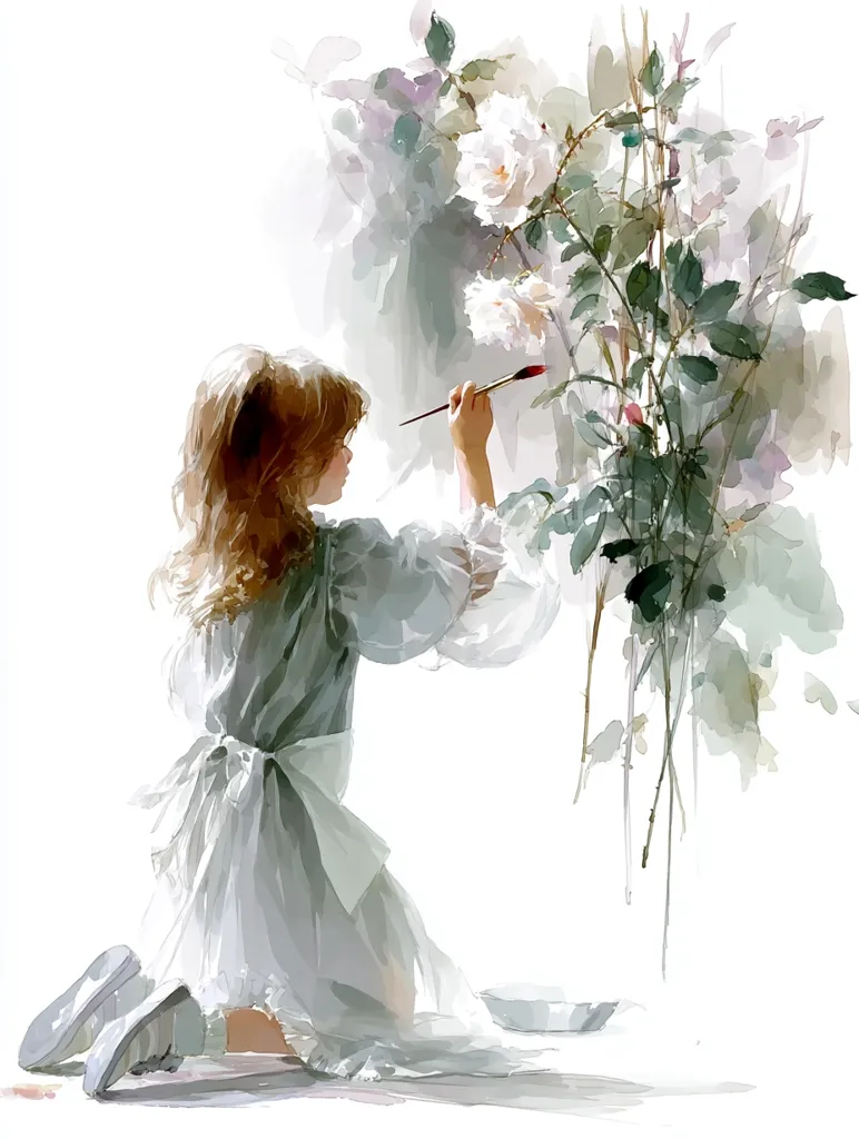 A watercolor painting depicts a young girl, kneeling and painting a bouquet of white roses.  She's dressed in a flowing, light-grey dress with puffed sleeves and a bow at the waist.  Her long brown hair cascades down her back. The roses are rendered with soft, delicate brushstrokes, contrasting with the sharper lines of the girl's form. The overall style is ethereal and dreamlike.