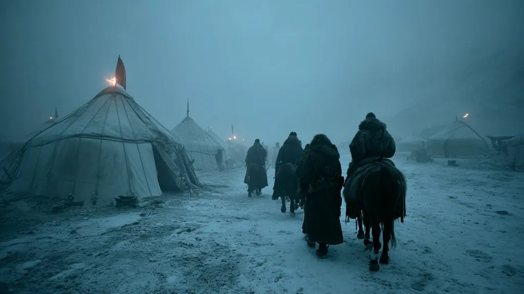 A group of figures on horseback traverse a snow-covered landscape at twilight.  Their dark cloaks blend with the muted colors of the scene.  In the background, a cluster of yurts are visible, their white canvas illuminated faintly by the dim light. A desolate, cold atmosphere pervades the image.