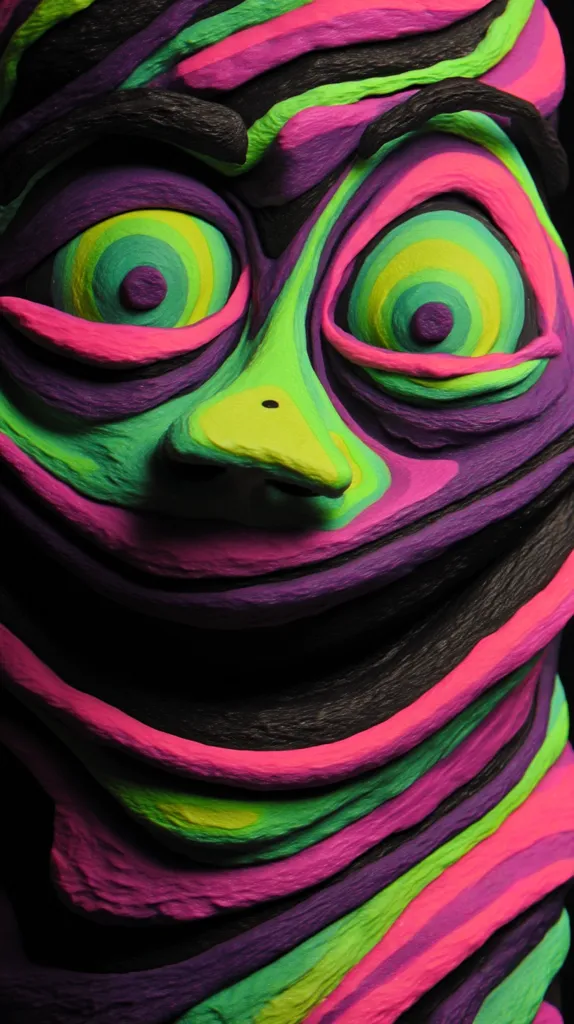 A close-up of a vibrant, textured sculpture resembling a face.  The artwork is composed of layered, swirling colors—pink, purple, green, and black—creating a hypnotic effect.  The eyes are concentric circles of lime and emerald green, accented with pink and purple, giving it a surreal and slightly unsettling expression. The textured surface suggests a malleable material like clay or wax.