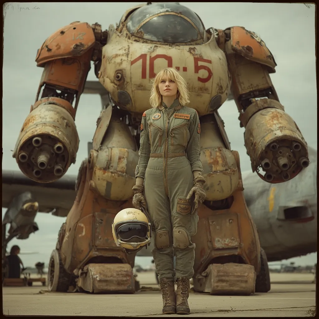 A woman in a military flight suit stands proudly before a massive, weathered mecha.  The robot, numbered "10:5," is heavily armored and appears aged, hinting at past battles.  The woman holds a helmet, her posture conveying readiness and strength. The scene is set on a runway, with a partially visible aircraft in the background, enhancing the post-apocalyptic or futuristic atmosphere.
