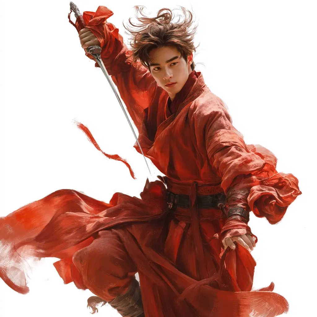 A young man, his dark hair windswept, is depicted in a dynamic pose.  He's clad in a flowing crimson robe, a long sword held aloft in his right hand. The fabric billows dramatically around him, suggesting swift movement. His intense gaze and poised stance convey a sense of power and action, possibly a warrior or martial arts expert. The overall style is painterly and dynamic.