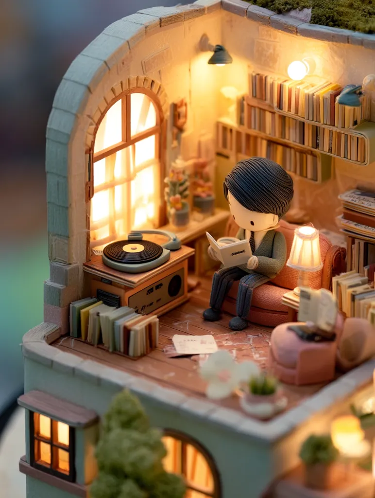 A charming miniature room glows with warm light. A small figurine sits in an armchair, engrossed in a book. A record player sits on the wooden floor, beside a stack of vinyl records and books. The room features a bookshelf, plants, and a window casting a soft light.  The entire scene is meticulously crafted, creating a cozy and inviting atmosphere.
