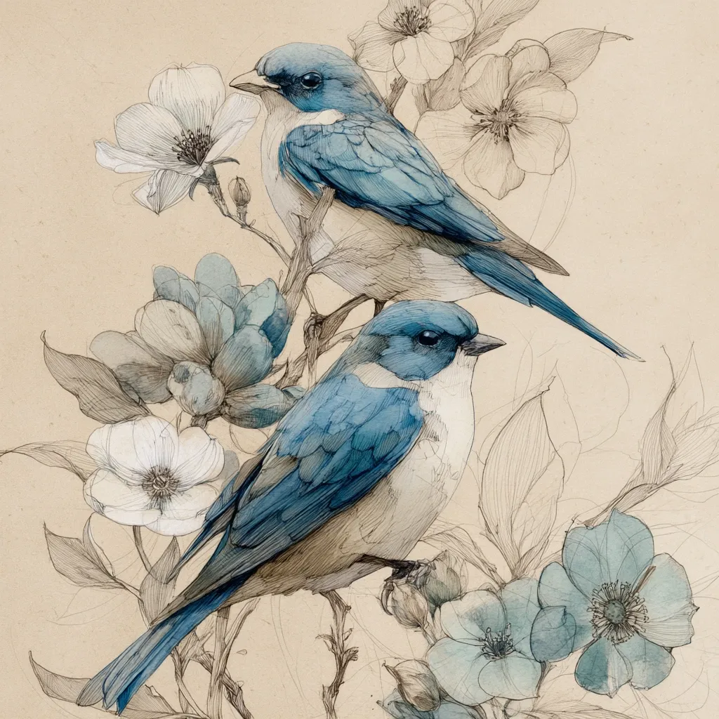 A delicate watercolor and ink drawing depicts two blue birds perched amidst a blossoming branch.  The birds, rendered with meticulous detail, showcase vibrant blue plumage against a muted beige background.  The flowers, a mix of white and light blue hues, are sketched with fine lines, creating a contrast between the smooth birds and the textured floral elements. The overall style is elegant and evocative of nature's beauty.