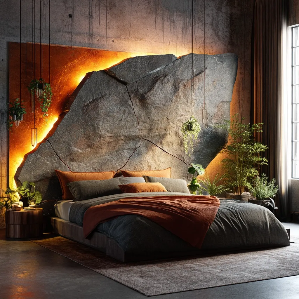 A modern bedroom features a dramatic headboard crafted from a large, irregularly shaped grey stone slab, backlit with warm orange LED lighting.  The stone is mounted on a rusty orange metal panel. Hanging plants and potted greenery add a touch of nature, complementing the earthy tones of the dark grey bed linens and burnt orange throw. The overall aesthetic is industrial chic with a grounding, natural element.