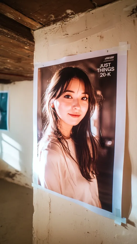 A large poster of a young woman with long brown hair is taped to a textured, off-white wall.  The woman is wearing a light peach-colored shirt. The poster's text, partially visible, reads "JUST THINGS 20-K".  The setting appears to be a dimly lit, possibly older building, with exposed wooden beams visible in the upper left corner.  Sunlight streams in from an unseen window, casting shadows.