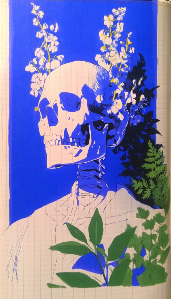 A vibrant illustration showcases a skull adorned with a crown of delicate white flowers against a bold blue backdrop.  The skull, rendered in shades of blue and off-white, appears almost serene. Lush green foliage frames the base of the image, providing a striking contrast to the skull and the bright blue background. The style is bold and graphic, with a blend of realism and stylized elements.