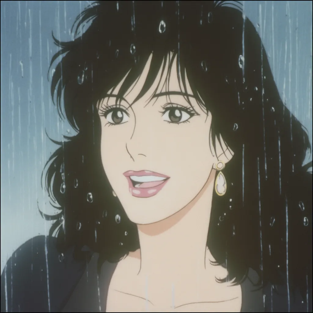 A close-up depicts an anime woman with long, dark, wavy hair, standing in the rain.  Rain drops fall around her face, which is beautifully rendered with soft features and a gentle smile. She wears pearl-like earrings.  The overall aesthetic is soft and nostalgic, evocative of classic anime style. The image focuses on her expression and the romantic ambiance of the rain.