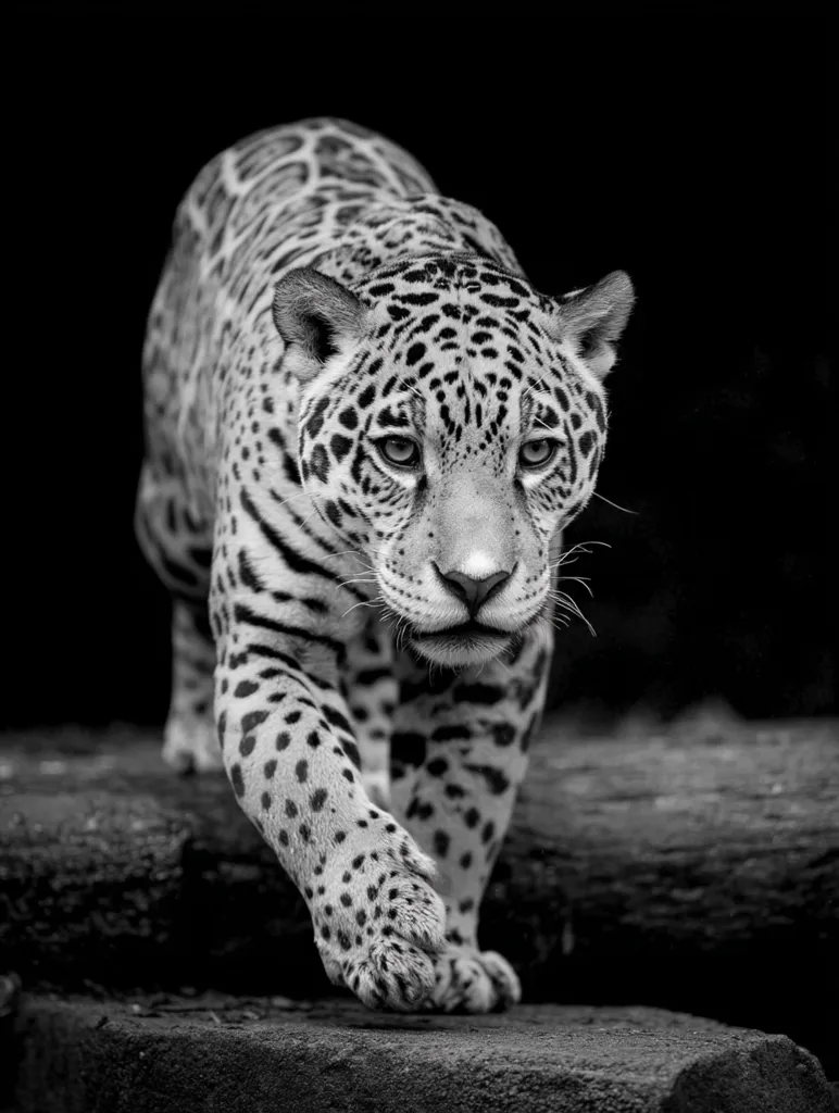 A black and white close-up shot captures a jaguar in motion.  The big cat's spotted coat is sharply defined against the dark background. Its intense gaze and powerful paws are prominent as it strides forward, its muscular body conveying strength and grace.  The image is dramatic and highlights the animal's wild beauty.