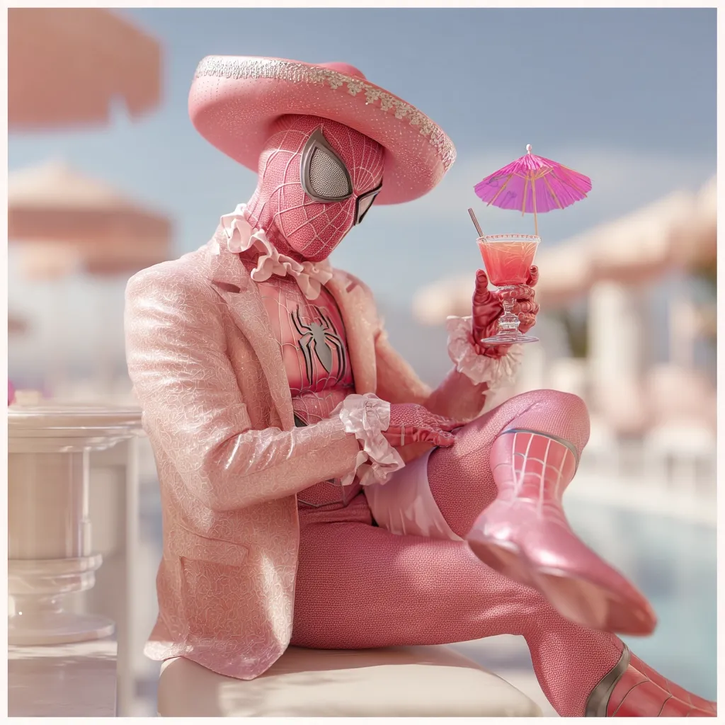 A digitally rendered image depicts Spider-Man in a pink, textured suit and matching sombrero, lounging by a pool.  He holds a pink cocktail garnished with a small umbrella. The overall aesthetic is pastel and whimsical, presenting a playful, unexpected contrast to the superhero's typical attire. The setting suggests a luxurious, relaxed atmosphere.