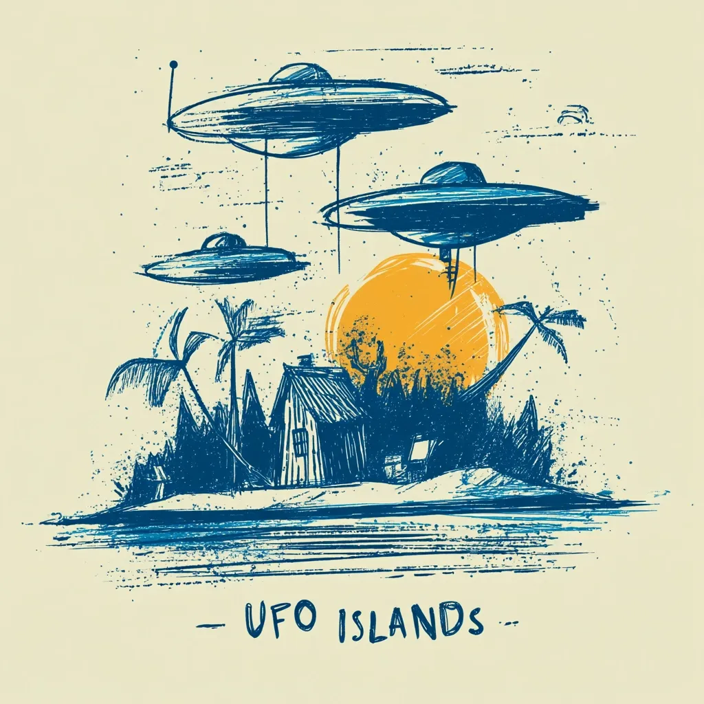 A sketch-style illustration titled "UFO Islands" depicts a tropical island scene with a small house nestled among palm trees.  Three UFOs hover above, casting a dramatic shadow.  A large, stylized sun sets in the background, adding to the whimsical, slightly eerie atmosphere. The overall style is reminiscent of vintage travel posters or album art, using a textured, hand-drawn aesthetic.