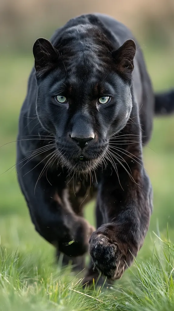 A majestic black panther, with piercing green eyes, is captured mid-stride across a lush green field.  Its powerful muscles are taut, showcasing its sleek, dark coat. The panther's gaze is intense and focused, conveying a sense of both grace and predatory power.  The image is a breathtaking close-up, highlighting the animal's incredible beauty and wild nature.