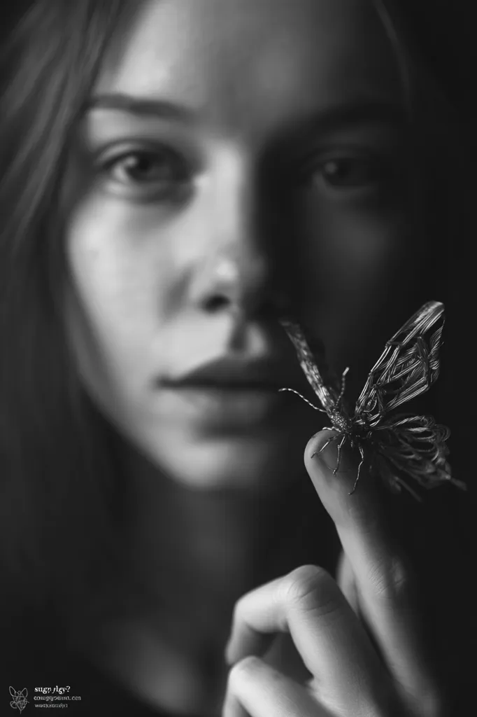 A black and white close-up shot features a woman's face softly blurred in the foreground, her expression serene.  Her finger delicately holds a detailed, metallic butterfly-like insect. The contrast between the smooth skin and the intricate metalwork creates a captivating visual. The overall mood is one of quiet contemplation and delicate beauty.