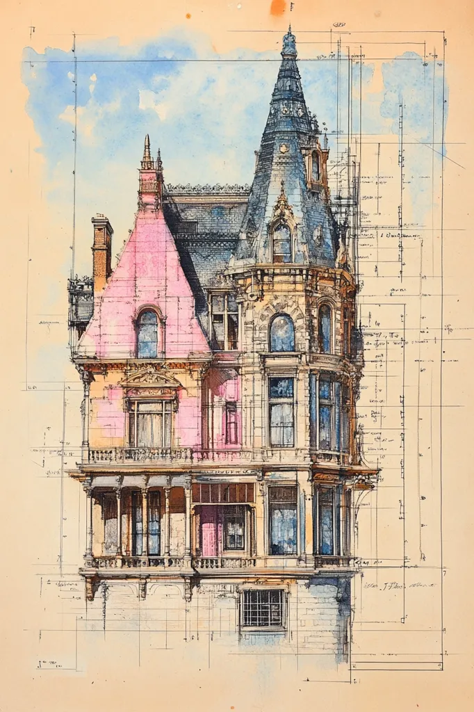 A detailed architectural rendering showcases a grand, multi-storied building.  The structure is rendered in watercolor and pen, overlayed with blueprint-style grid lines and annotations.  The building features a prominent conical roof, arched windows, ornate detailing, and a pink facade on one section.  The style suggests a blend of architectural periods, possibly late 19th or early 20th century. The image displays a meticulous attention to detail, blurring the lines between artwork and technical drawing.