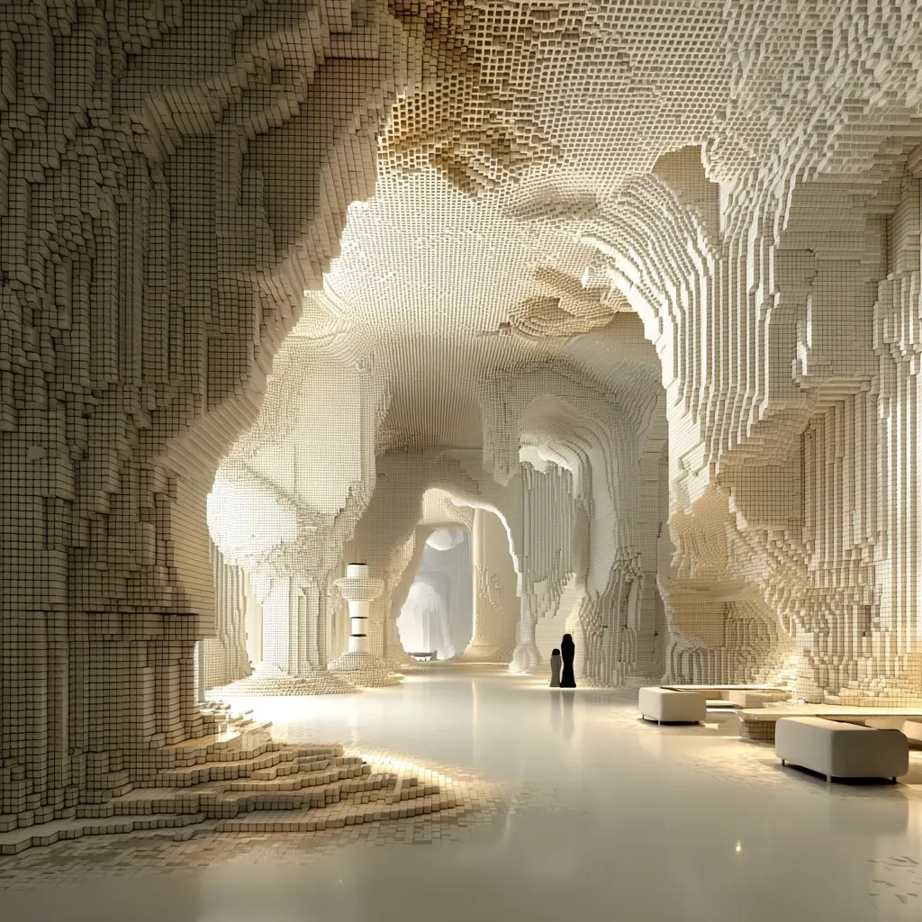 A surreal, minimalist interior space resembling a cavern is rendered in a pixelized style.  Off-white cubic blocks form walls, ceilings, and floor formations, creating a sense of depth and texture.  Two figures in dark clothing stand in the distance, emphasizing the scale of the expansive, light-filled space.  Modern, white seating is sparsely placed, adding a touch of contemporary design within the unusual architecture.