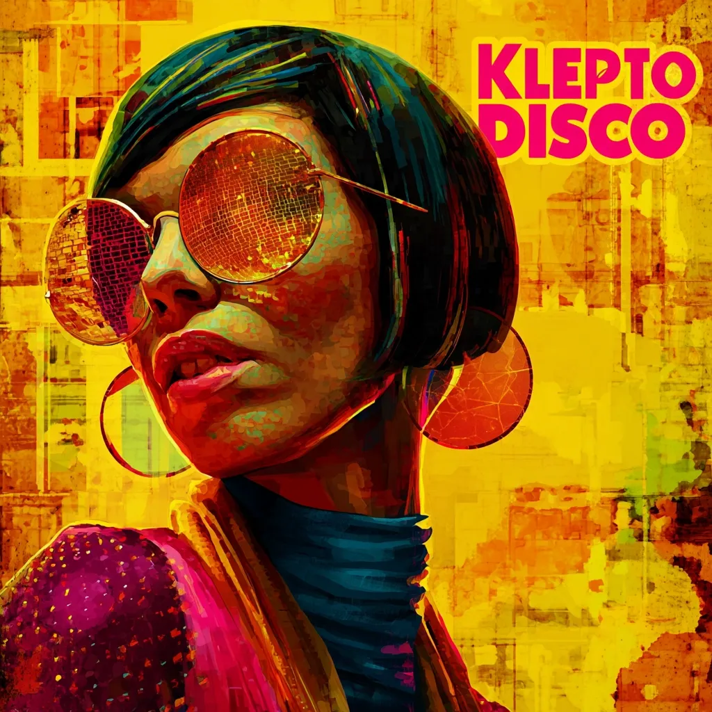 A stylized portrait of a woman with a bob haircut, large round mirrored sunglasses, and hoop earrings.  The artwork is vibrant and colorful, with a bold, painterly style featuring textured yellow and orange backgrounds.  The title "KlepTo Disco" is superimposed, suggesting a music-related theme.  The overall impression is one of retro-futurism and 70s disco influence.