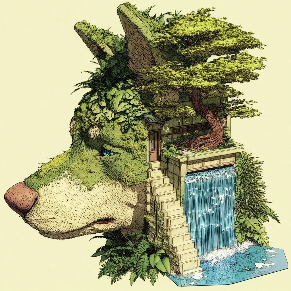 A lush, green landscape forms the shape of a dog's head.  A miniature stone structure with a waterfall and a small Japanese-style house is nestled within the vegetation.  Various plants, including ferns and a bonsai tree, cover the dog's features, creating a surreal and harmonious blend of nature and animal form. The overall style is detailed and evocative, suggesting a tranquil and magical scene.