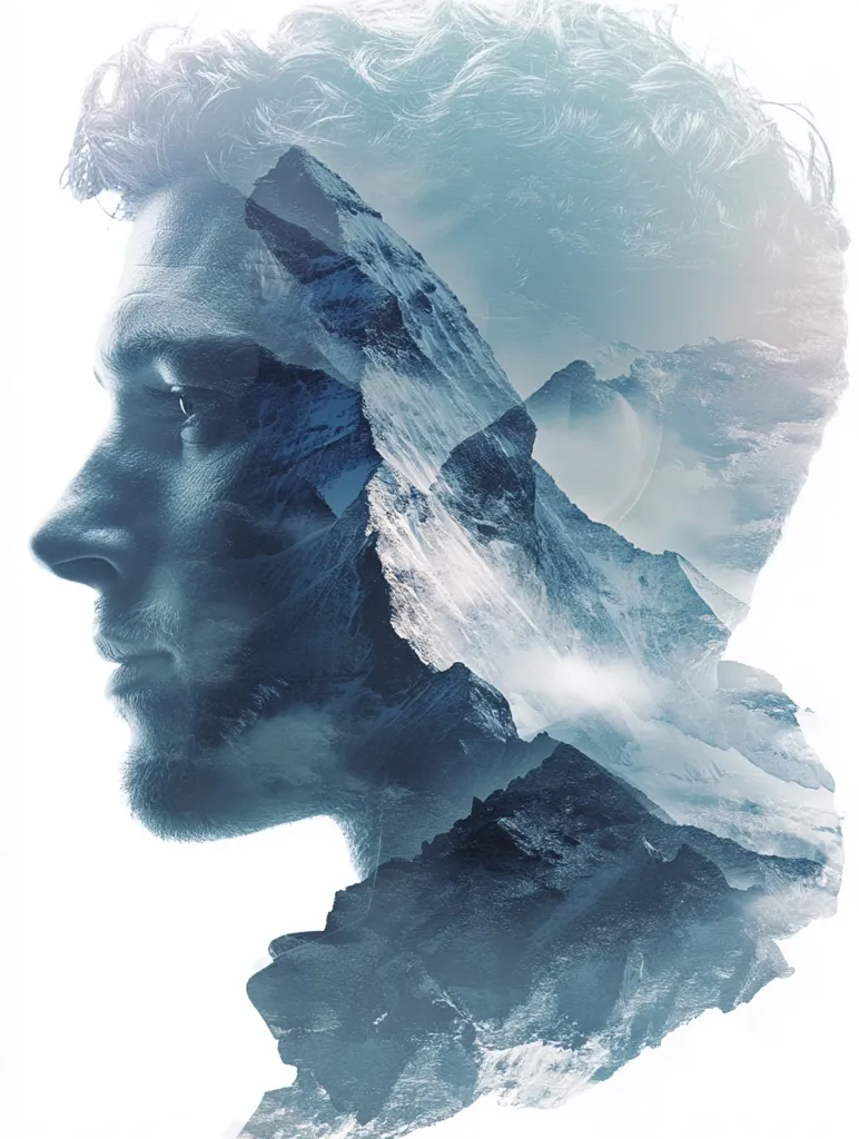 A double exposure image depicts a man's profile superimposed over a majestic mountain range.  The man's curly hair blends with the peaks, his strong jawline mirroring the rugged terrain.  Cool blue tones dominate the image, creating a serene yet powerful mood. The effect suggests inner strength and a connection to nature, symbolizing resilience and the vastness of human potential.