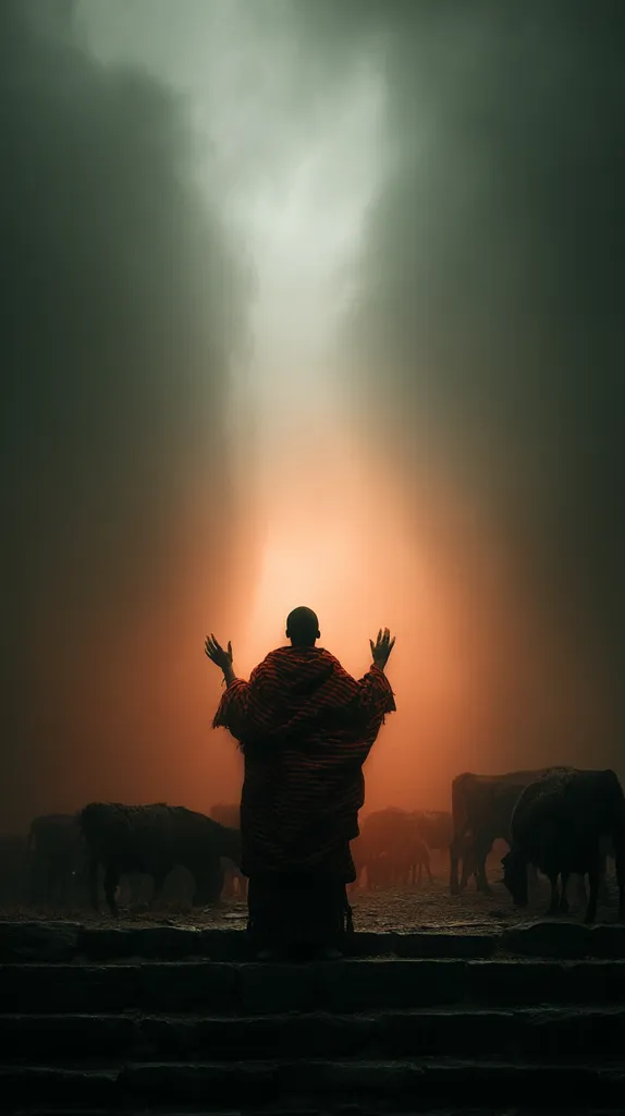 A silhouetted figure, cloaked in reddish-brown fabric, stands with arms raised in a gesture of supplication or offering.  Behind them, a herd of dark cattle are visible in a hazy, orange-tinged atmosphere.  The scene is dramatic, with a strong contrast between the figure and the muted, misty background.  The overall mood is one of reverence or contemplation.