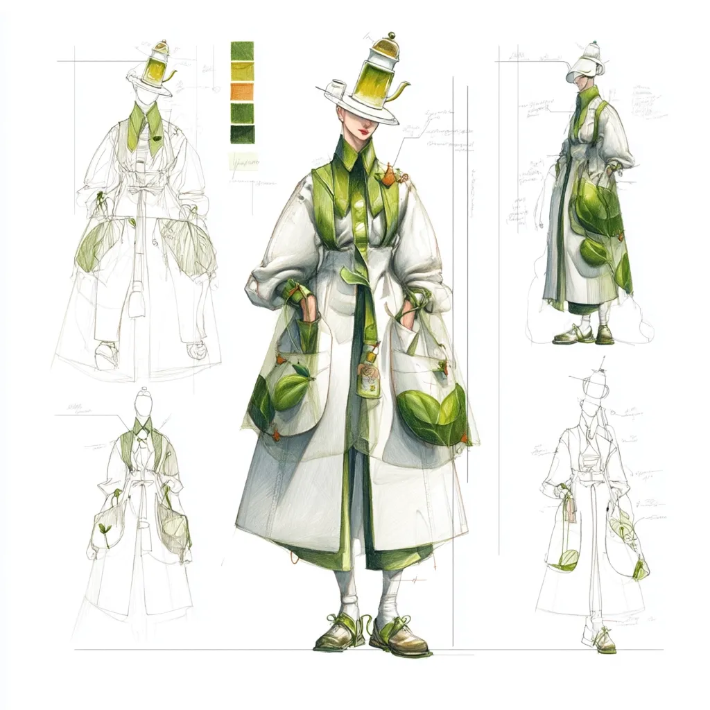 Fashion design sketches showcasing a whimsical, oversized coat adorned with leaf-shaped pockets and a teapot hat.  The design is presented in color and various line drawings, offering multiple views and detailing design elements.  The color palette is primarily off-white, pale green, and earthy tones, creating a nature-inspired aesthetic.  The overall style is avant-garde and playful.