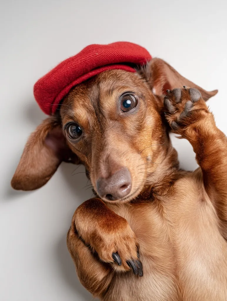 An adorable brown dachshund lies on its back, playfully raising one paw.  The dog wears a stylish red beret, adding to its charming and whimsical appearance.  Its expressive eyes and soft fur are clearly visible against a plain white background. The overall image is lighthearted and affectionate.