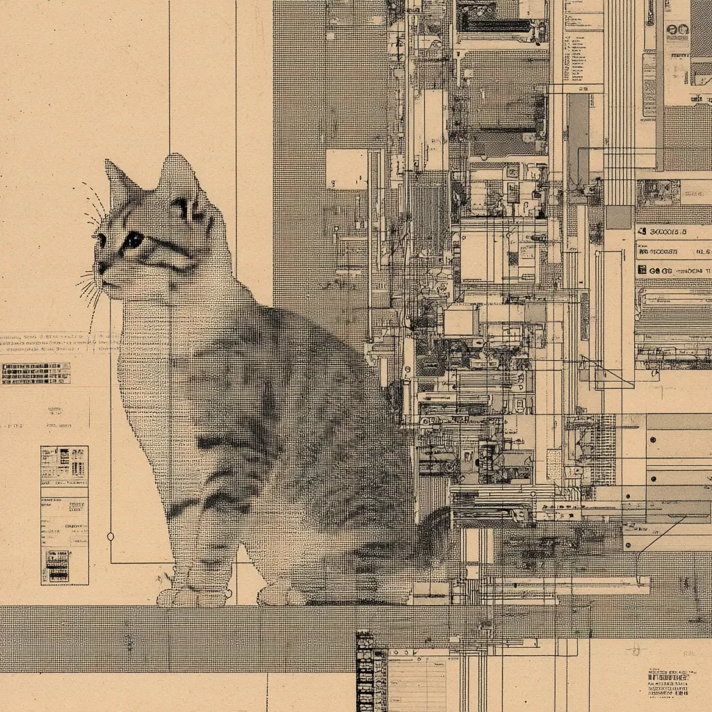 A sepia-toned image depicts a cat, rendered in a pointillist style, superimposed onto a complex technical blueprint. The cat, appearing calm and seated, contrasts sharply with the intricate network of lines, symbols, and text characteristic of engineering diagrams or circuit schematics. The overall effect creates a juxtaposition between the organic and the technological, evoking themes of artificial intelligence or the merging of nature and technology.  The background texture mimics aged parchment paper, enhancing the image's vintage aesthetic.