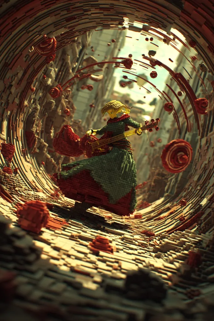 A stylized, voxel-art depiction of a woman in a flowing green and red dress playing a guitar.  She stands within a swirling, tunnel-like structure composed of textured blocks in earth tones and reds.  Floating red orbs surround her, adding to the surreal and dynamic atmosphere of the scene. The background suggests a city, viewed through the vortex. The overall style is fantastical and otherworldly.
