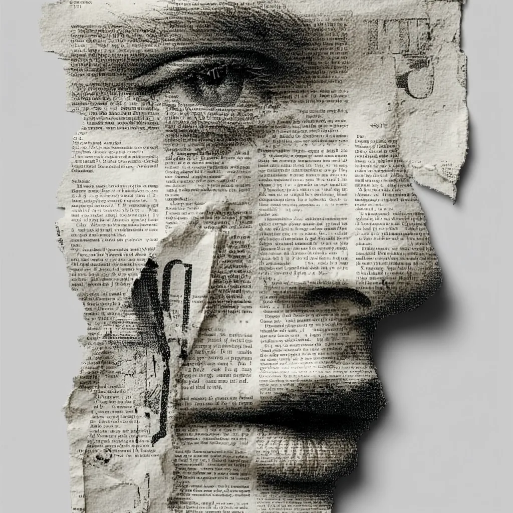 A monochromatic artwork depicts a face constructed from densely packed, fragmented text.  The text appears to be from a book or newspaper, creating a textured, three-dimensional effect.  The face is partially obscured, with only the eye and part of the nose and cheek clearly visible. The overall impression is one of mystery and the passage of time, blending portraiture with the ephemerality of printed words.