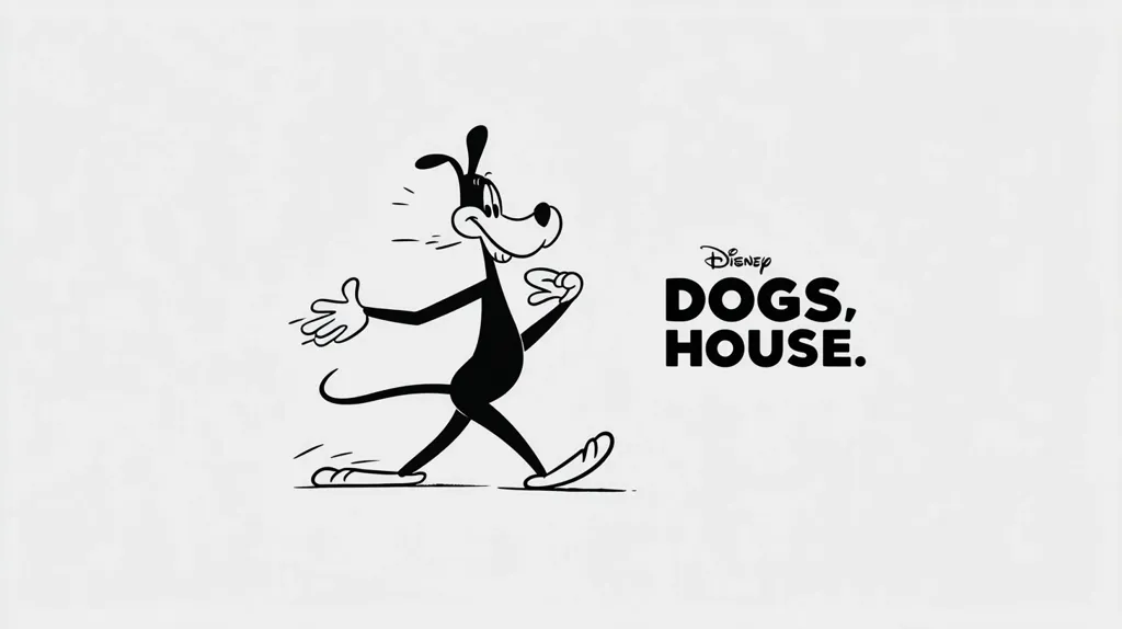 A black and white illustration features a cartoon dog walking, styled in a classic Disney manner.  The dog is depicted in a simple, almost minimalist design. To the right, the text "Disney Dogs, House." is displayed prominently. The overall aesthetic is clean and reminiscent of vintage cartoons.