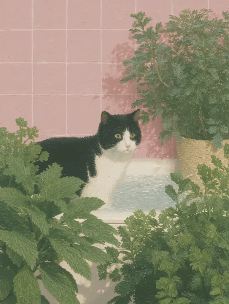 A black and white cat sits by a pale pink tiled wall, partially obscured by lush green foliage.  The cat is positioned near a light blue basin or sink, and several potted plants surround it, creating a tranquil, almost surreal scene. The painting style is realistic with a focus on detail and texture.  The overall mood is serene and calming.