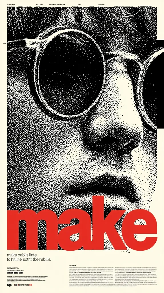 A black and white stippled illustration of a face wearing round glasses dominates the upper half.  The lower half features the word "MAKE" in large, bold red letters. Small text below reads "make babls linte fo hitilite, so tht the rebiils."  The overall style is stark and graphic, reminiscent of mid-20th-century poster design.