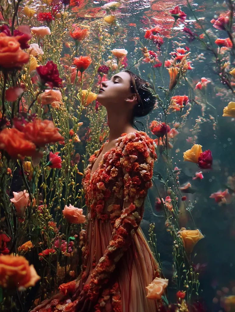 A woman in a long, flowing floral dress is submerged in a vibrant underwater garden.  Surrounded by orange, red, and yellow blossoms, she appears serene and ethereal. Bubbles rise around her as she gazes upward, creating a magical and dreamlike scene. The dress is intricately adorned with flowers, blending seamlessly with the surrounding aquatic flora.  The overall effect is one of beauty and otherworldly enchantment.