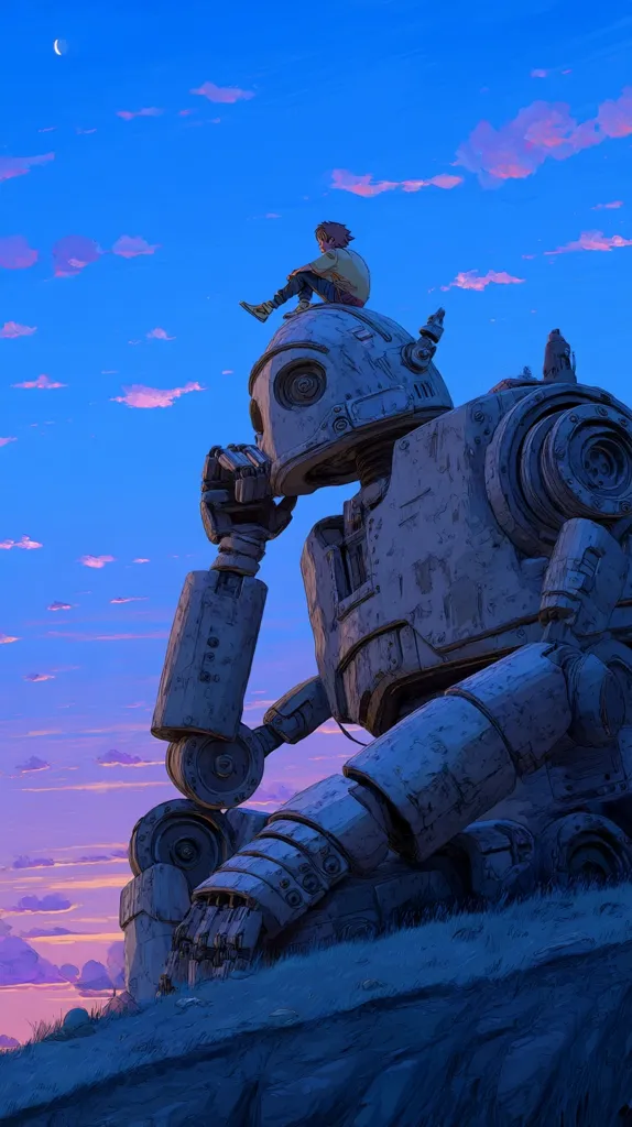A young person sits atop a large, weathered robot at sunset. The robot is immense, its metallic body showing signs of age and wear.  The scene is peaceful, with a soft twilight sky and a crescent moon visible. The overall style is reminiscent of animation or fantasy art, evoking a sense of quiet contemplation and the passage of time.  The robot appears thoughtful, its pose suggesting introspection.