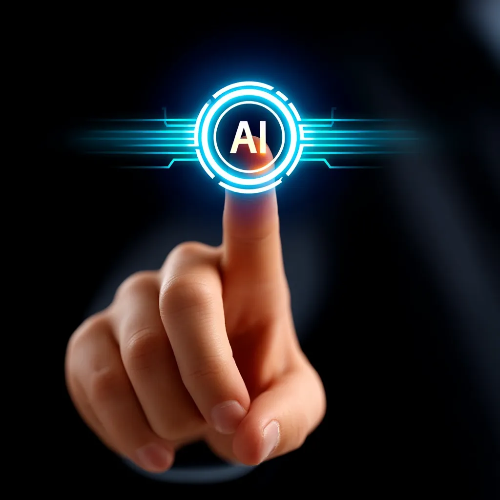 A finger touches a glowing, circular AI interface.  The button is vibrant blue with the letters "AI" in a lighter, almost orange hue, centrally positioned.  The background is dark, emphasizing the futuristic, technological aspect of the image.  The scene suggests activation or interaction with artificial intelligence.