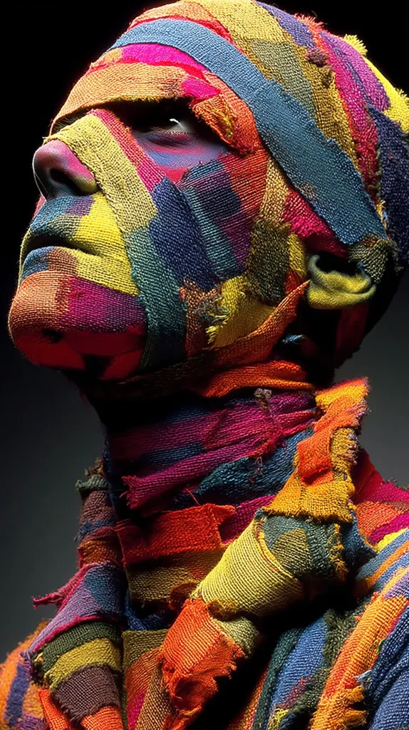 A person's face and neck are wrapped in vibrant, multicolored fabric strips, creating a striking visual effect.  The fabric is textured and frayed, suggesting age or deliberate deconstruction.  The person's head is tilted upward, their gaze directed towards an unseen light source.  The overall impression is one of artistic expression and possibly, hidden identity.