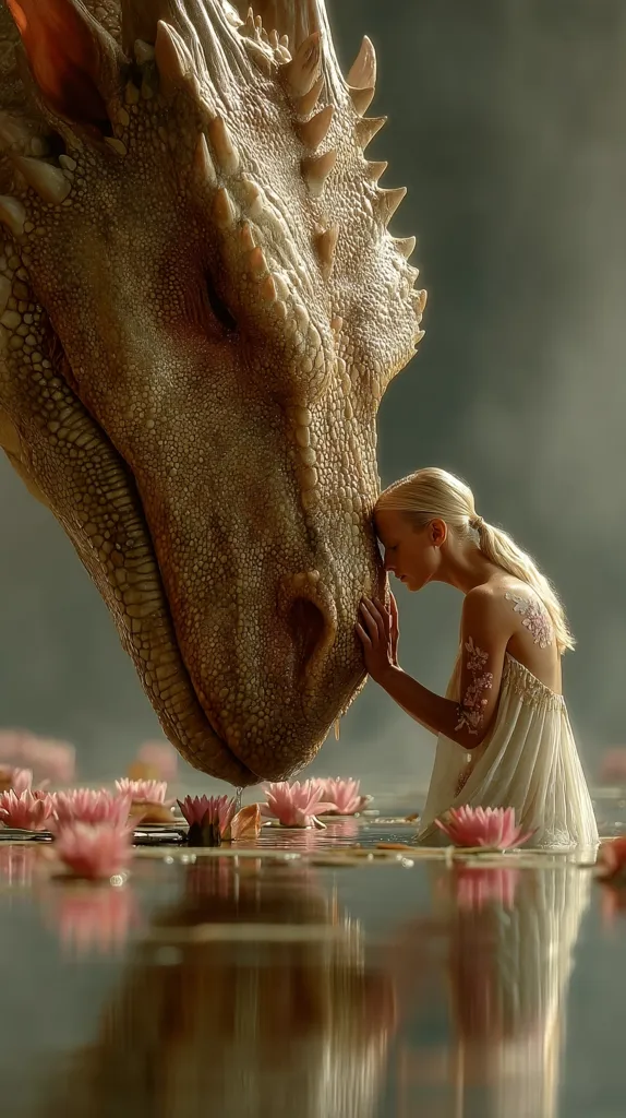 A serene image depicts a woman gently touching noses with a majestic, light brown dragon.  Pink water lilies surround them in calm water, reflecting the scene. The woman wears a flowing white dress and delicate floral tattoos. The dragon's detailed scales and horns are clearly visible. The overall mood is peaceful and magical, suggesting a bond of trust and understanding between the woman and the mythical creature.