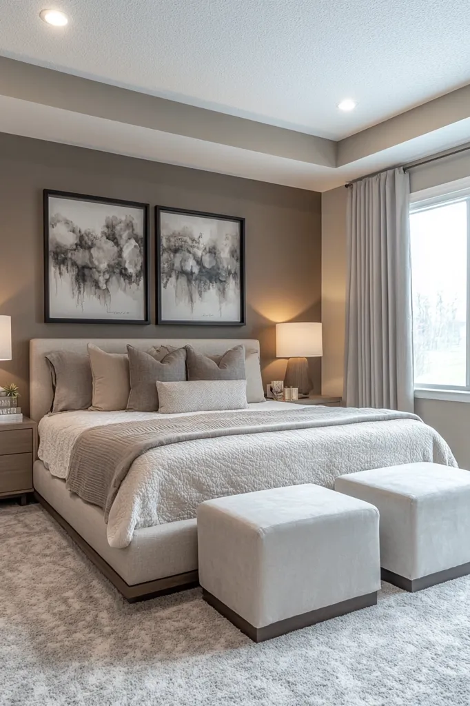 A serene master bedroom features a king-size bed with a plush white comforter and neutral-toned pillows.  Two large abstract art pieces hang above the bed on a taupe wall.  Soft gray curtains frame a window, and the floor is covered in a light gray carpet.  Two upholstered ottomans sit at the foot of the bed, adding to the room's calming atmosphere.  The overall design is minimalist and sophisticated.
