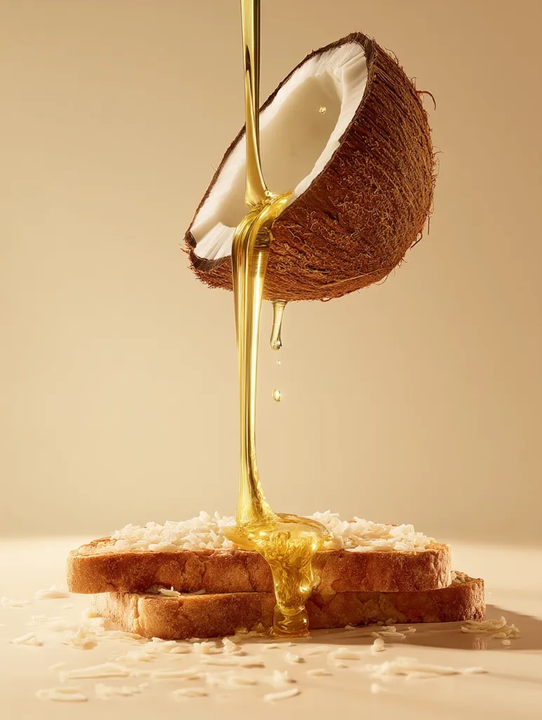 A stream of coconut oil pours from a halved coconut onto two slices of toasted bread topped with shredded coconut.  The scene is set against a warm, neutral background, highlighting the golden hue of the oil and the natural textures of the coconut and bread.  The image evokes a feeling of wholesome, tropical goodness.