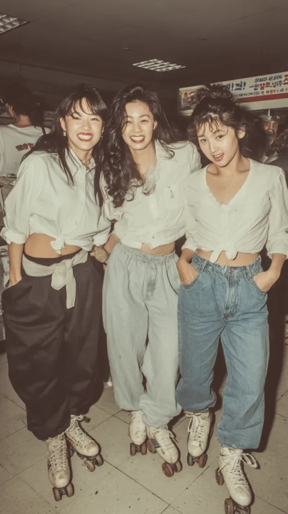 Three young women, dressed in 90s-style casual attire, stand side-by-side at a roller rink.  They wear white shirts knotted at the waist, paired with baggy pants; two in light-wash denim, one in dark trousers. All three sport off-white roller skates.  The photo has a vintage, slightly faded aesthetic.  Their smiles suggest a fun, carefree outing.