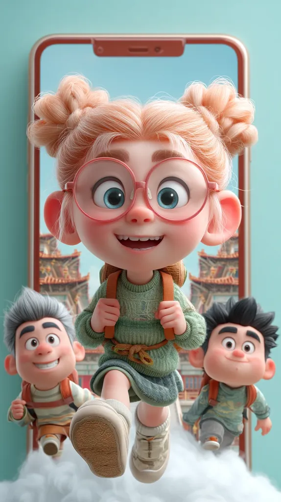 A cute, large-eyed, blonde girl with pigtails and glasses, wearing a green sweater and backpack, is playfully jumping out of a smartphone screen. Two smaller, similarly styled cartoon children, a boy and a girl, follow closely behind her on a cloud, creating a whimsical and charming scene.  The background subtly features a traditional building.