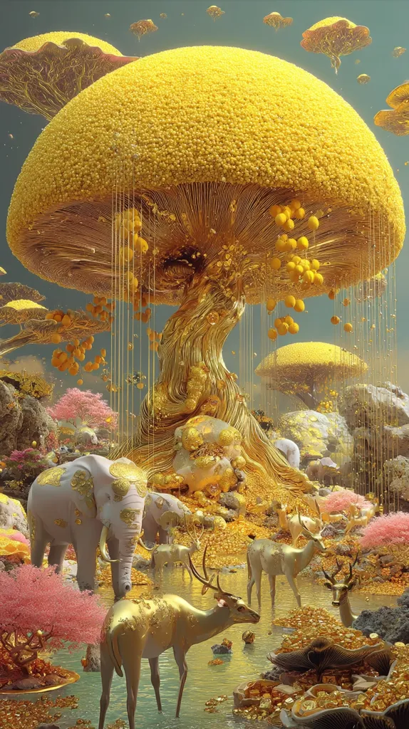 A surreal, digitally created landscape features a giant golden mushroom tree laden with yellow orbs, raining down golden strands.  Elephants and deer, adorned with gold accents, drink from a pool amidst piles of gold coins.  Smaller golden mushrooms and pink flowering trees dot the scene, creating a fantastical, opulent world.