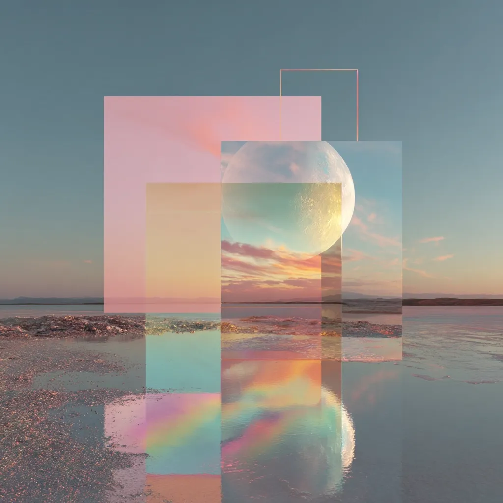 A surreal, dreamlike image depicts a large moon partially obscured by pastel-colored geometric shapes layered over a tranquil sunset scene reflected in calm water.  The colors are soft and ethereal, creating a sense of peace and tranquility.  The composition suggests a serene, almost otherworldly landscape.  The layering and pastel hues contribute to a visually striking and evocative effect.