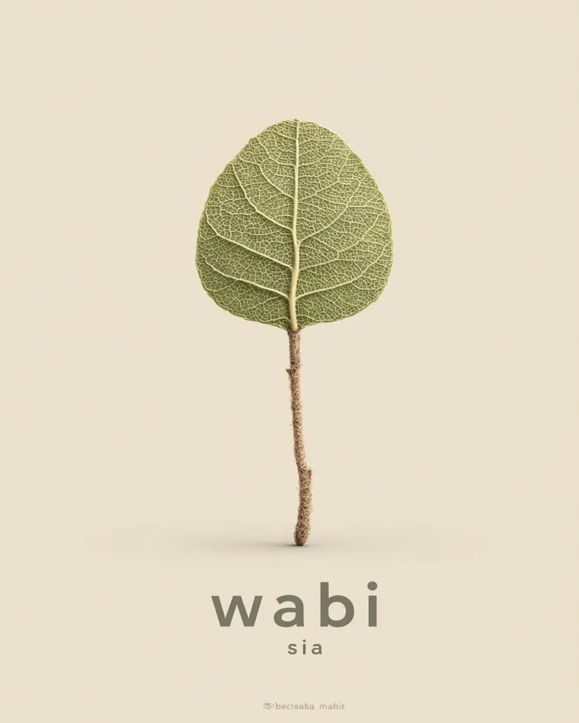 A single, delicate leaf with visible veins is presented against a muted beige background.  Attached to a slender, brown stem, the leaf's translucent quality creates a sense of fragility.  The word "wabi" is displayed below, suggesting a theme of understated beauty and natural imperfection, often associated with Japanese aesthetics.