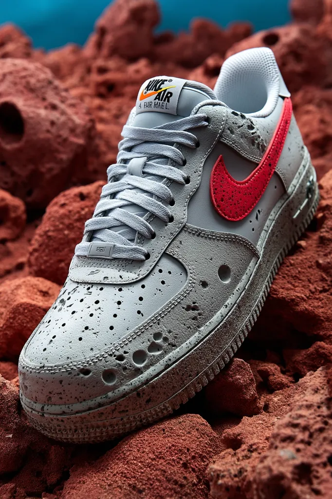 A Nike Air Force 1 sneaker, light grey with a speckled, cratered surface texture, is shown on a bed of reddish-brown rocks.  The Nike swoosh is a vibrant coral red.  The tongue features "Nike Air" and "4 Fair Mael." The shoe's design suggests a lunar or extraterrestrial theme.  The overall aesthetic is futuristic and rugged.