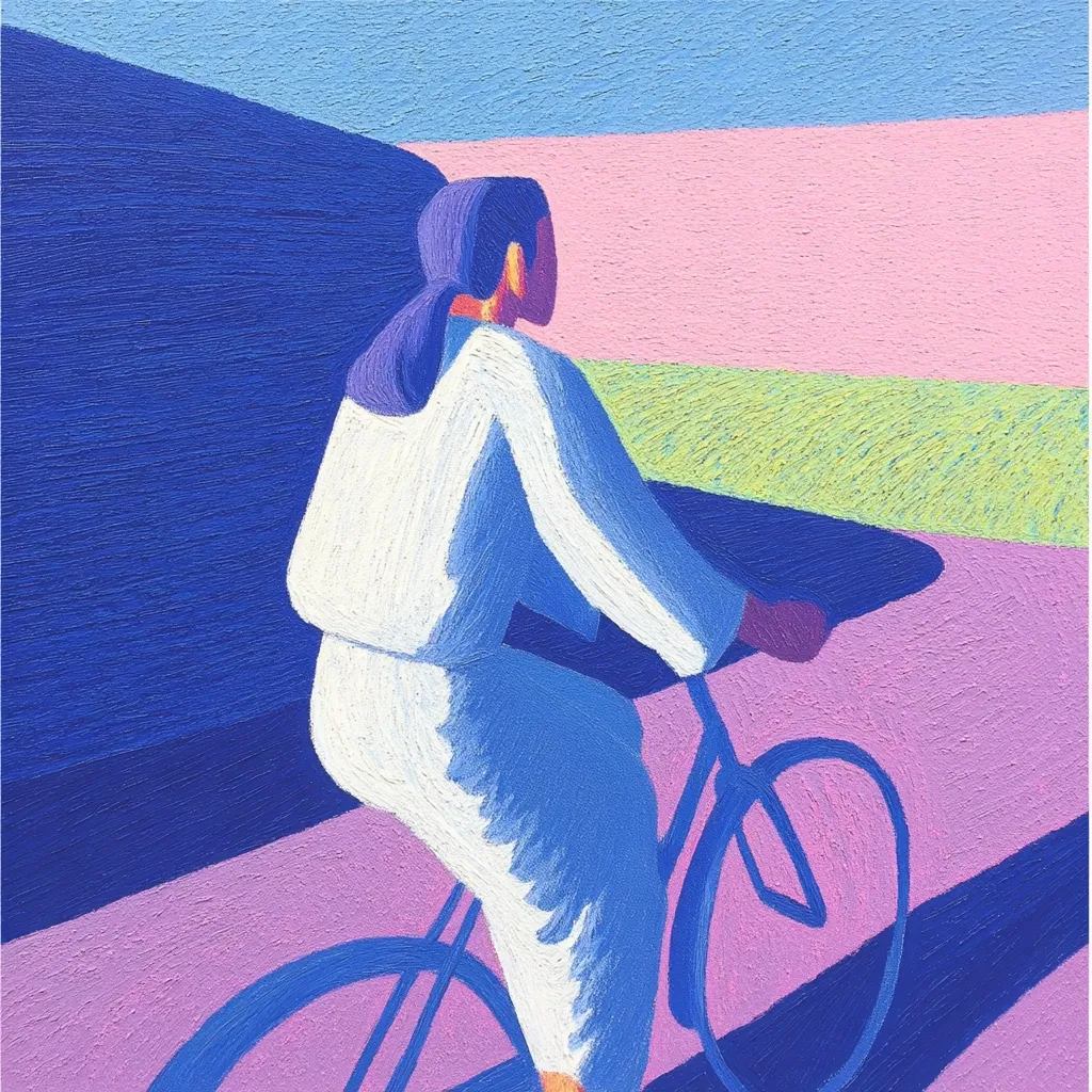 A stylized painting depicts a person with dark hair, wearing a white long-sleeved top and blue pants, riding a bicycle. The scene is set against a landscape of vibrant colors: a deep blue wall, a soft pink expanse, and a touch of light green.  The impasto technique creates a textured effect, giving the image a bold and expressive quality.  The figure is viewed from behind, suggesting a journey or sense of movement.