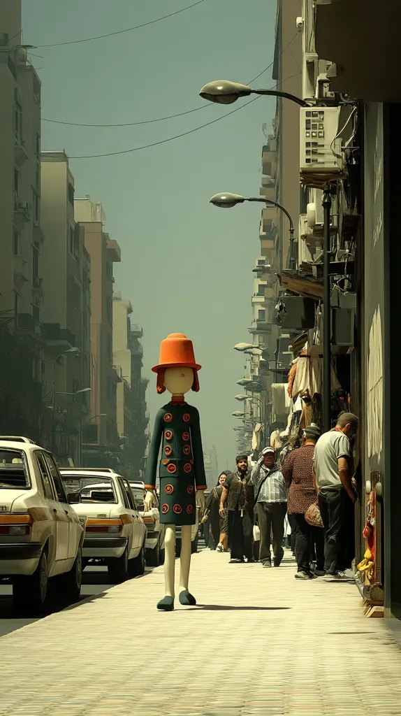 A stylized figure, resembling a doll with an orange hat and dark dress, stands on a city street.  The street is lined with aged buildings and parked cars.  Other pedestrians are visible in the background, appearing smaller and less distinct than the central figure. The overall scene is muted in color, with a somewhat surreal and melancholic atmosphere.  The sun casts shadows on the pavement.