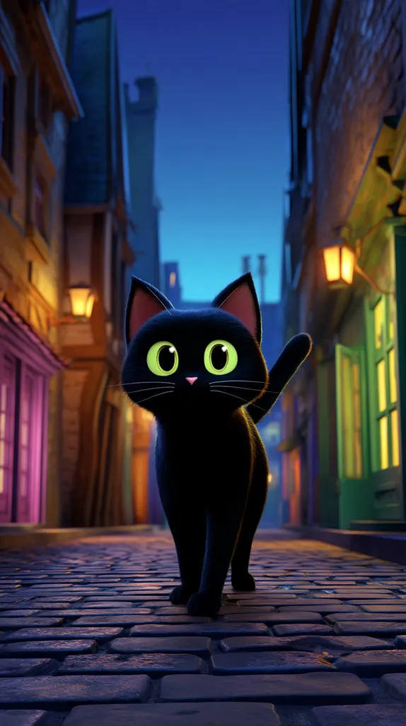 A charming, cartoonish black cat with bright green eyes stands in the middle of a cobblestone street at twilight.  The street is lined with quaint, old buildings illuminated by warm streetlights, creating a magical atmosphere. The cat appears friendly, almost waving with its tail.  The overall scene is whimsical and inviting.