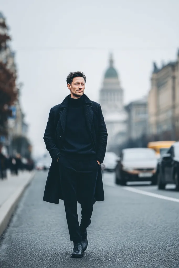 A stylish man in a dark overcoat and turtleneck walks down a city street.  Cars blur in the background, with a large building visible in the distance. The overall mood is sophisticated and slightly melancholic, reflecting the grey urban landscape.  His hands are casually in his pockets, and he appears lost in thought.