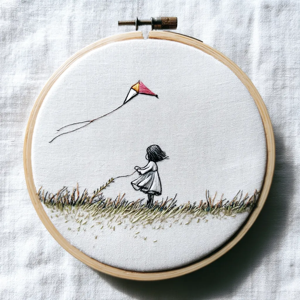 A delicate embroidery depicts a young girl in a simple dress standing in a field of grass, holding the string of a red and yellow kite soaring in the sky.  The piece is stitched onto a circular piece of fabric, housed in a wooden embroidery hoop. The style is minimalist and evocative of childhood innocence and freedom.