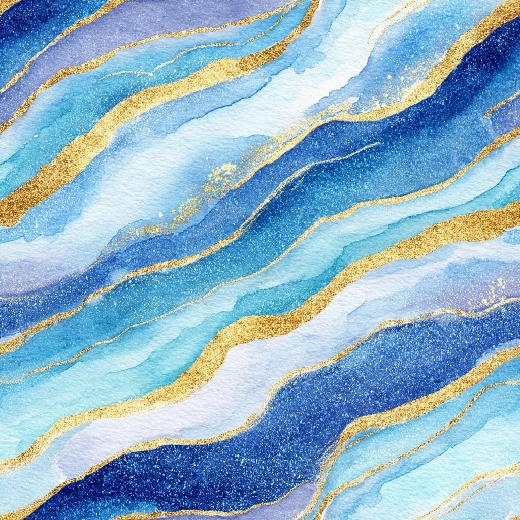 An abstract watercolor painting features flowing, wavy lines in shades of blue and purple.  These are accented by glittering gold lines that trace the curves, creating a luxurious and ethereal effect.  The texture appears both smooth and subtly sparkly, suggesting a blend of watercolor and metallic pigments. The overall impression is one of calm movement and shimmering beauty.