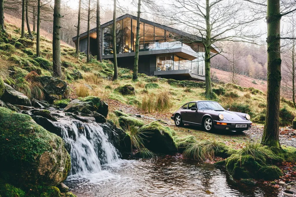 A stunning modern home with expansive glass windows is nestled into a hillside forest.  A classic dark-purple Porsche 911 sits parked on a mossy bank nearby, beside a small cascading stream.  The scene is serene and idyllic, showcasing a beautiful blend of architecture and nature.  The overall impression is one of tranquility and luxury.